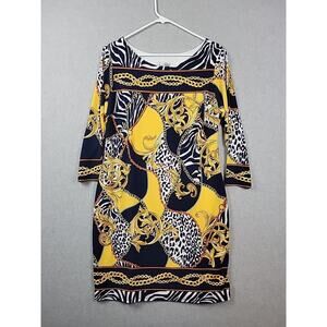 Joseph Ribkoff Navy Animal Print Chain 3/4 Sleeve Jersey Stretch Dress Women 14